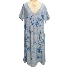 Luukaa Blue Tie Dye Linen Dress US Size 12 Oversized Comfy Lagenlook Artist EUC